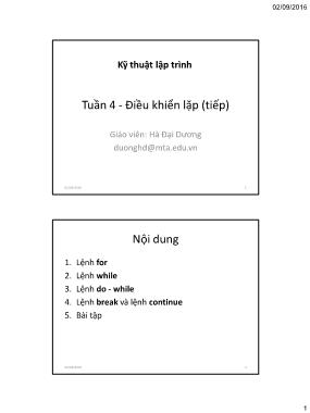 Bài giảng Kỹ thuật lập trình - Tuần 4: Điều khiển lặp (Tiếp theo) - Hà Đại Dương