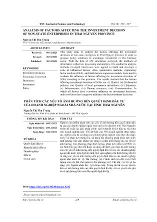 Analysis of factors affecting the investment decision of non-state enterprises in thai nguyen province