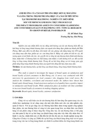 Ảnh hưởng của tài sản thương hiệu đến sự hài lòng và lòng trung thành thương hiệu của người tiêu dùng tại Thành phố Hải Phòng: Nghiên cứu điển hình đối với nhóm ngành hàng thực phẩm bán lẻ