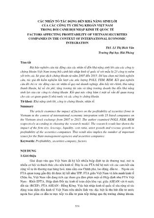 Các nhân tố tác động đến khả năng sinh lời của các công ty chứng khoán Việt Nam trong bối cảnh hội nhập kinh tế quốc tế