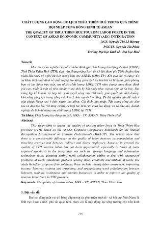 Chất lượng lao động du lịch Thừa Thiên Huế trong quá trình hội nhập cộng đồng kinh tế ASEAN