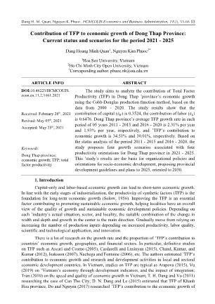 Contribution of TFP to economic growth of Dong Thap Province: Current status and scenarios for the period 2021 - 2025