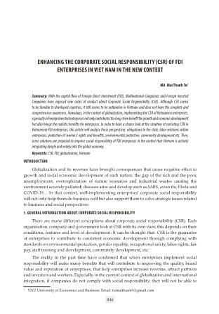 Enhancing the corporate social responsibility (csr) of fdi enterprises in viet nam in the new context