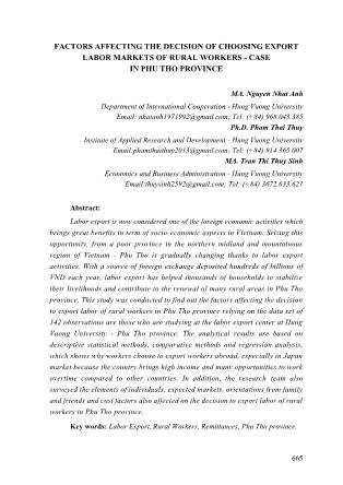 Factors affecting the decision of choosing export labor markets of rural workers - Case in phu tho province