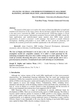 Financing of small and medium enterprises in asia:credit rationing, adverse selection, and information asymmetry