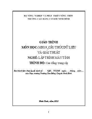 Giáo trình Cấu trúc dữ liệu và giải thuật - Trình độ: Cao đẳng, Trung cấp - Trường Cao đẳng cơ giới Ninh Bình