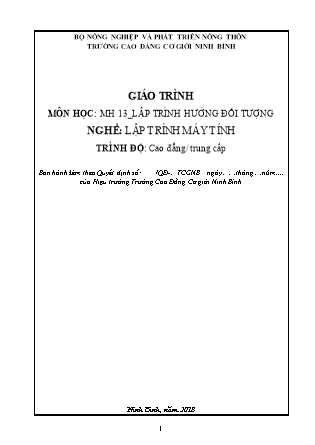 Giáo trình Lập trình hướng đối tượng - Trình độ: Cao đẳng, Trung cấp - Trường Cao đẳng cơ giới Ninh Bình