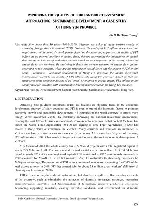 Improving the quality of foreign direct investment approaching sustainable development: A case study of hung yen province