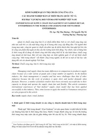 Kinh nghiệm quản trị chuỗi cung ứng của các doanh nghiệp bán lẻ thời trang quốc tế và bài học vận dụng đối với doanh nghiệp Việt Nam