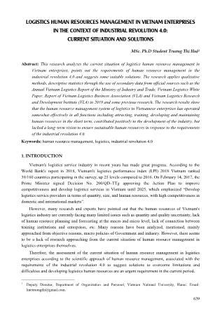 Logistics human resources management in vietnam enterprises in the context of industrial revolution 4.0: Current situation and solutions