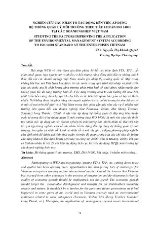 Nghiên cứu các nhân tố tác động đến việc áp dụng hệ thống quản lý môi trường theo tiêu chuẩn iso 14001 tại các doanh nghiệp Việt Nam