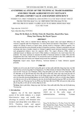 Nghiên cứu thực nghiệm sự ảnh hưởng của các rào cản kỹ thuật trong thương mại và các hiệp định thương mại tự do đến giá trị xuất khẩu và hiệu suất xuất khẩu hàng may mặc của Việt Nam