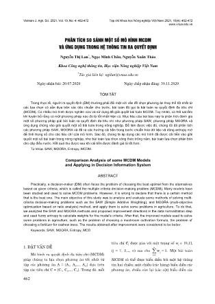 Phân tích so sánh một số mô hình mcdm và ứng dụng trong hệ thông tin ra quyết định