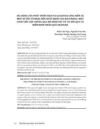 Tác động của phát triển dịch vụ Logistics cảng biển và một số yếu tố khác đến xuất khẩu của Hải Phòng: Một cách tiếp cận thông qua mô hình véc tơ tự hồi quy và kiểm định nhân quả Granger