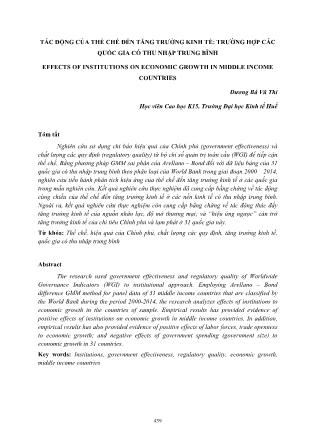 Tác động của thể chế đến tăng trưởng kinh tế: Trường hợp các quốc gia có thu nhập trung bình