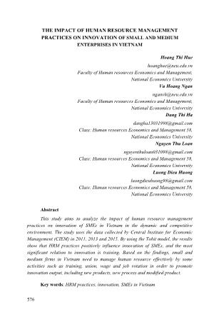 The impact of human resource management practices on innovation of small and medium enterprises in vietnam
