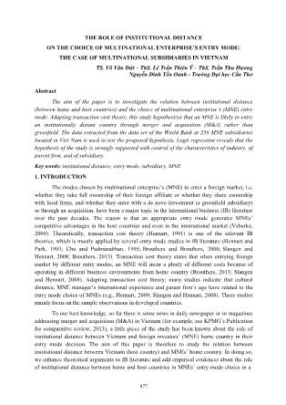 The role of institutional distance on the choice of multinational enterprise’s entry mode: The case of multinational subsidiaries in vietnam