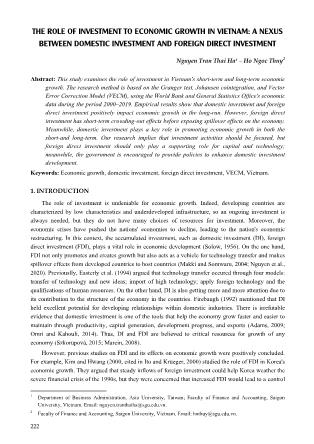 The role of investment to economic growth in Vietnam: A nexus between domestic investment and foreign direct investment