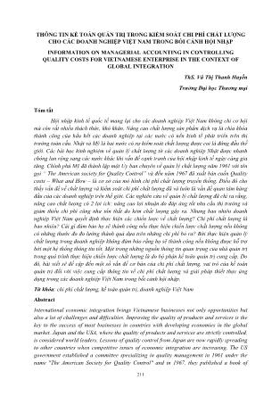 Thông tin kế toán quản trị trong kiểm soát chi phí chất lượng cho các doanh nghiệp Việt Nam trong bối cảnh hội nhập