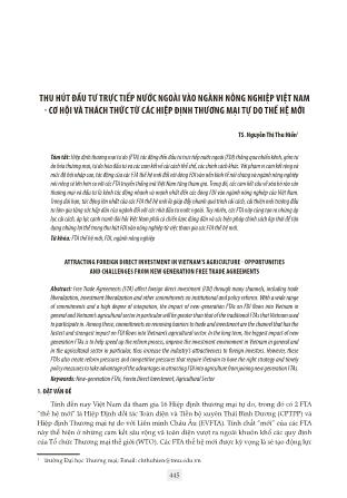 Thu hút đầu tư trực tiếp nước ngoài vào ngành nông nghiệp Việt Nam - Cơ hội và thách thức từ các hiệp định thương mại tự do thế hệ mới