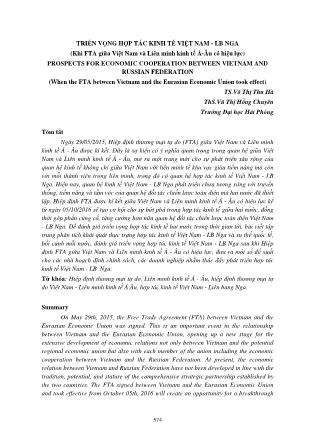 Triển vọng hợp tác kinh tế Việt Nam - LB Nga (khi FTA giữa Việt Nam và liên minh kinh tế Á-Âu có hiệu lực)