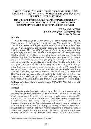 Vai trò của khu công nghiệp trong thu hút đầu tư trực tiếp nước ngoài tại Việt Nam trong hội nhập kinh tế quốc tế, phục vụ mục tiêu phát triển bền vững