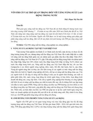 Vốn FDI có vai trò quan trọng đối với tăng năng suất lao động trong nước