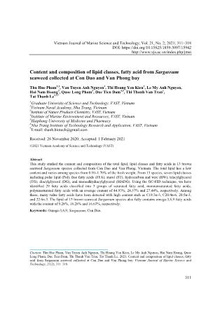 Content and composition of lipid classes, fatty acid from Sargassum seaweed collected at Con Dao and Van Phong bay