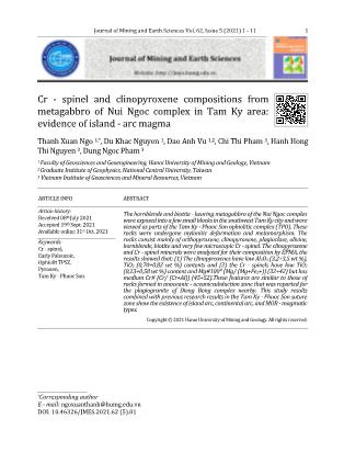Cr - Spinel and clinopyroxene compositions from metagabbro of Nui Ngoc complex in Tam Ky area: Evidence of island - Arc magma