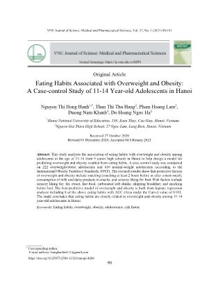 Eating Habits Associated with Overweight and Obesity: A Case-control Study of 11-14 Year-old Adolescents in Hanoi