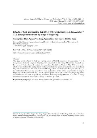 Effects of food and rearing density of hybrid grouper (♂ E. lanceolatus × ♀ E. fuscoguttatus) from fry stage to fingerling