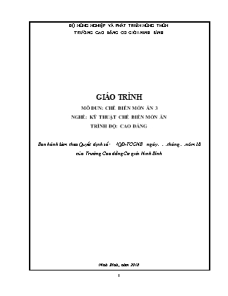 Giáo trình Chế biến món ăn 3 - Trình độ: Cao đẳng - Trường Cao đẳng cơ giới Ninh Bình