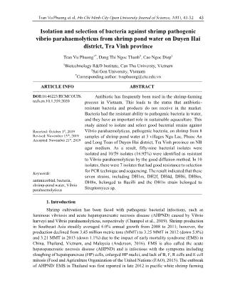 Isolation and selection of bacteria against shrimp pathogenic vibrio parahaemolyticus from shrimp pond water on Duyen Hai district, Tra Vinh province