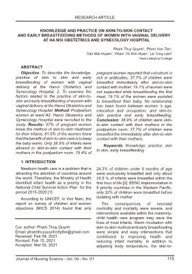 Knowledge and practice on skin-to-skin contact and early breastfeeding methods of women with vaginal delivery at ha noi obstetrics and gynecology hospital