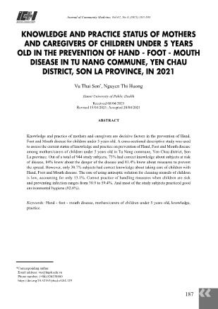 Knowledge and practice status of mothers and caregivers of children under 5 years old in the prevention of hand - Foot - Mouth disease in tu nang commune, yen chau district, son la province, in 2021