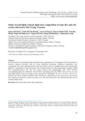 Study on total lipid content, lipid class composition of some fire and soft corals collected in Nha Trang, Vietnam