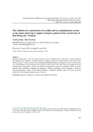 The solutions for construction of sea dike and sea embankments system as the sandy mud trap to support mangrove plants in the coastal zone of Hai Phong city, Vietnam