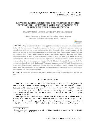 A hybrid model using the pre-trained bert and deep neural networks with rich feature for extractive text summarization