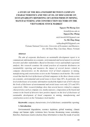 A study of the relationship between company characteristics and the level of disclosure on sustainability reporting of listed firms in mining, manufacturing and construction sectors on the vietnamese stock market