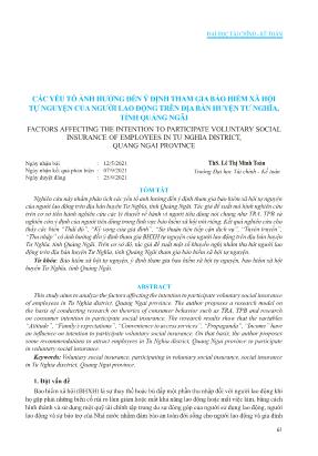 Các yếu tố ảnh hưởng đến ý định tham gia bảo hiểm xã hội tự nguyện của người lao động trên địa bàn huyện Tư Nghĩa, tỉnh Quảng Ngãi