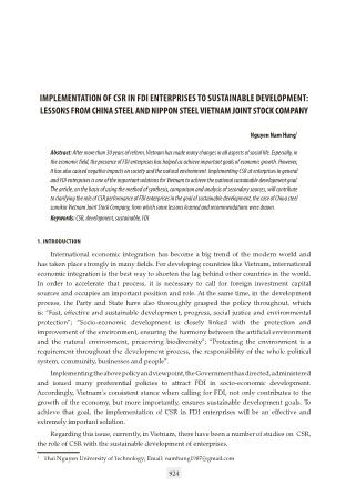 Implementation of csr in FDI enterprises to sustainable development: Lessons from china steel and nippon steel vietnam joint stock company