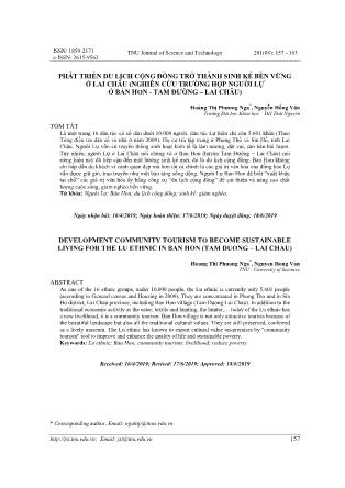 Phát triển du lịch cộng đồng trở thành sinh kế bền vững ở Lai Châu (nghiên cứu trường hợp người lự ở bản Hon - Tam Đường – Lai Châu)
