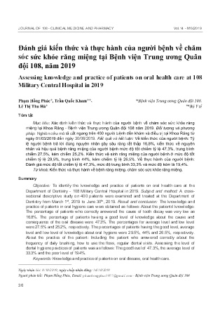 Tài liệu Đánh giá kiến thức và thực hành của người bệnh về chăm sóc sức khỏe răng miệng tại Bệnh viện Trung ương Quân đội 108, năm 2019